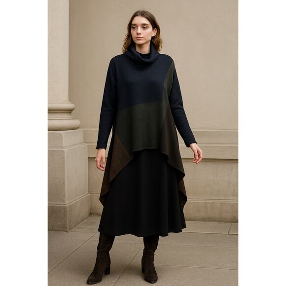 Curio New York Cowlneck Sweater M Pullover Color Block Blk Asymmetric Lagenlook - Picture 1 of 6